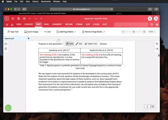 Mit dem Online-Editor von SodaPDF können Sie Text, Bilder, Hyperlinks und Lesezeichen eingeben und die Schriftart, Farbe und Dicke des Textes ändern.