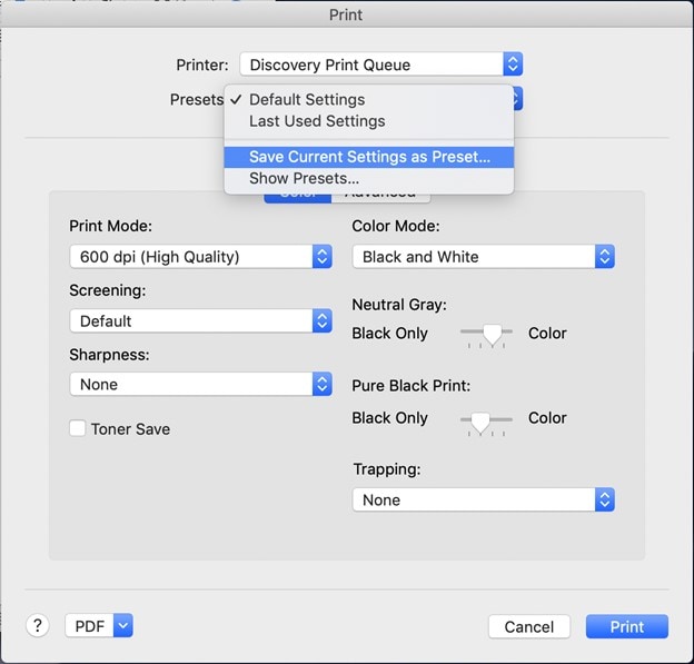 print pdf in black and white on mac with preset