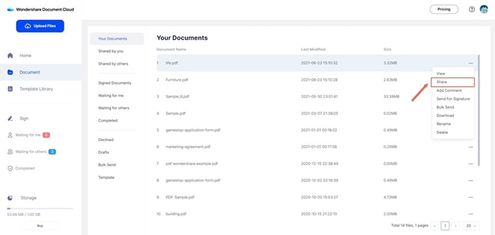 bouton de partage du document dans le cloud