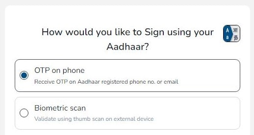 pantalla de autenticación aadhaar esign