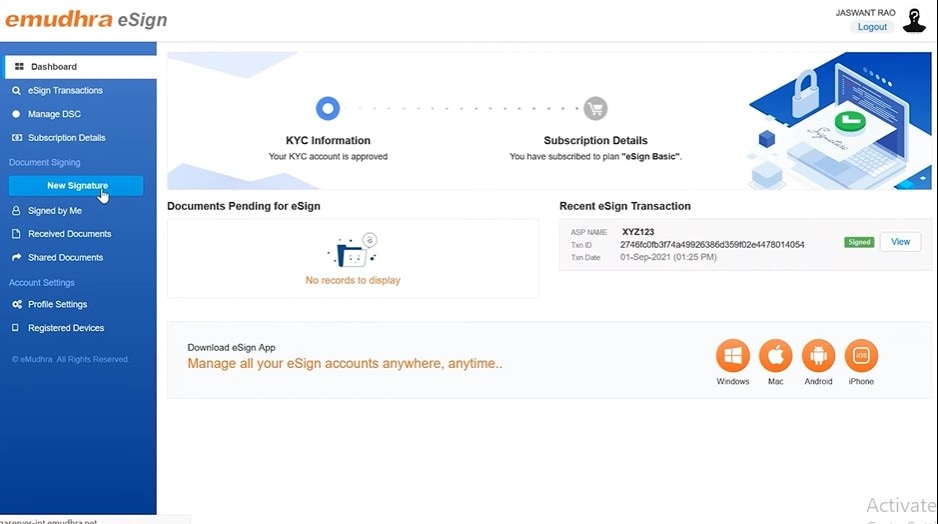 Klicken Sie auf die Schaltfläche Neue Signatur esign emudhra