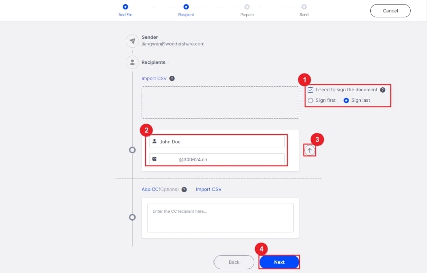 añadir las direcciones de correo electrónico de los firmantes