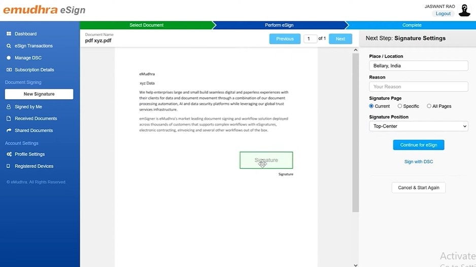 localizzazione della firma di collocamento di emudhra esign