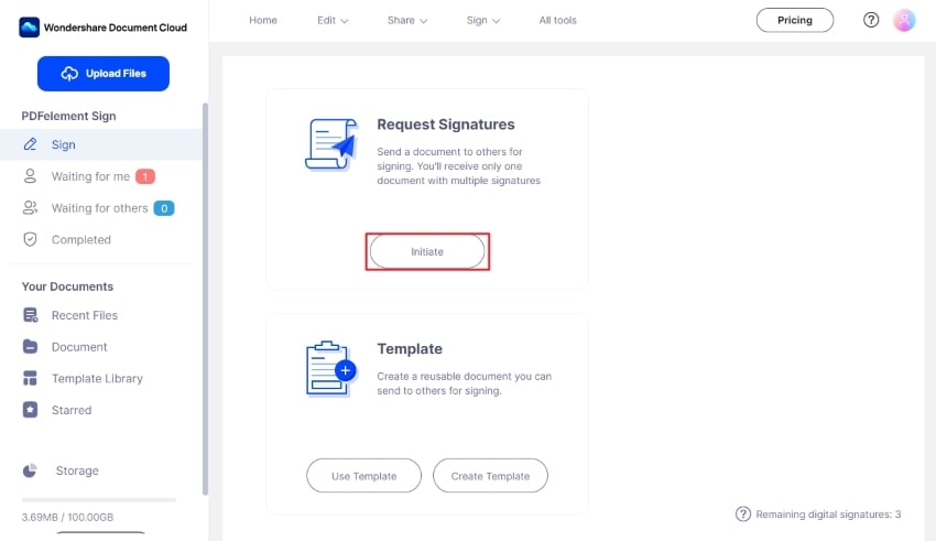 initiating signature request feature