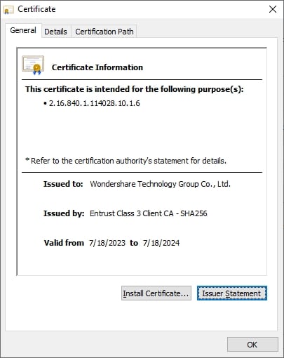 signature certificate details viewed on wondershare pdfelement