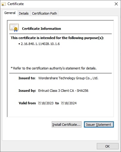 detalles del certificado de firma vistos en wondershare pdfelemento