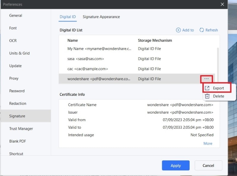 Exportieren der neuen digitalen Signatur