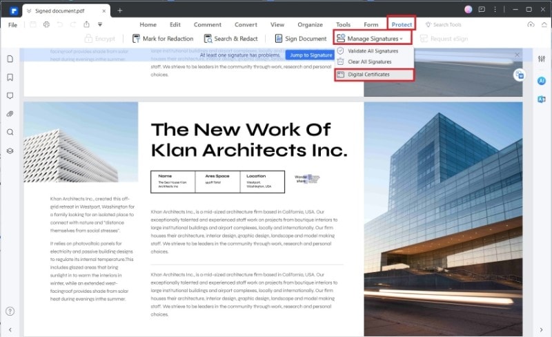 digital certificates option on wondershare pdfelement