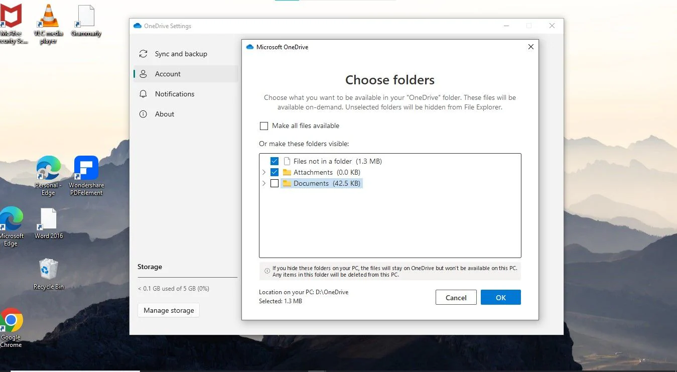 desyncing folders onedrive