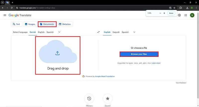 google translate drag and drop document or upload file