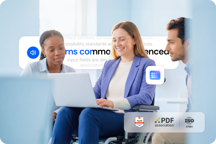 Three people working together, with a smiling woman using a wheelchair looking at a computer, and PDFelement certification badges displayed in the bottom right corner