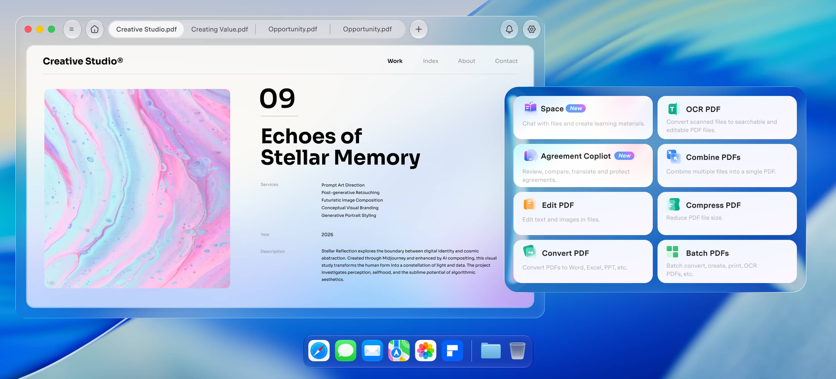 PDFelement Liquid Glass interface on macOS 27 with PDF tools panel