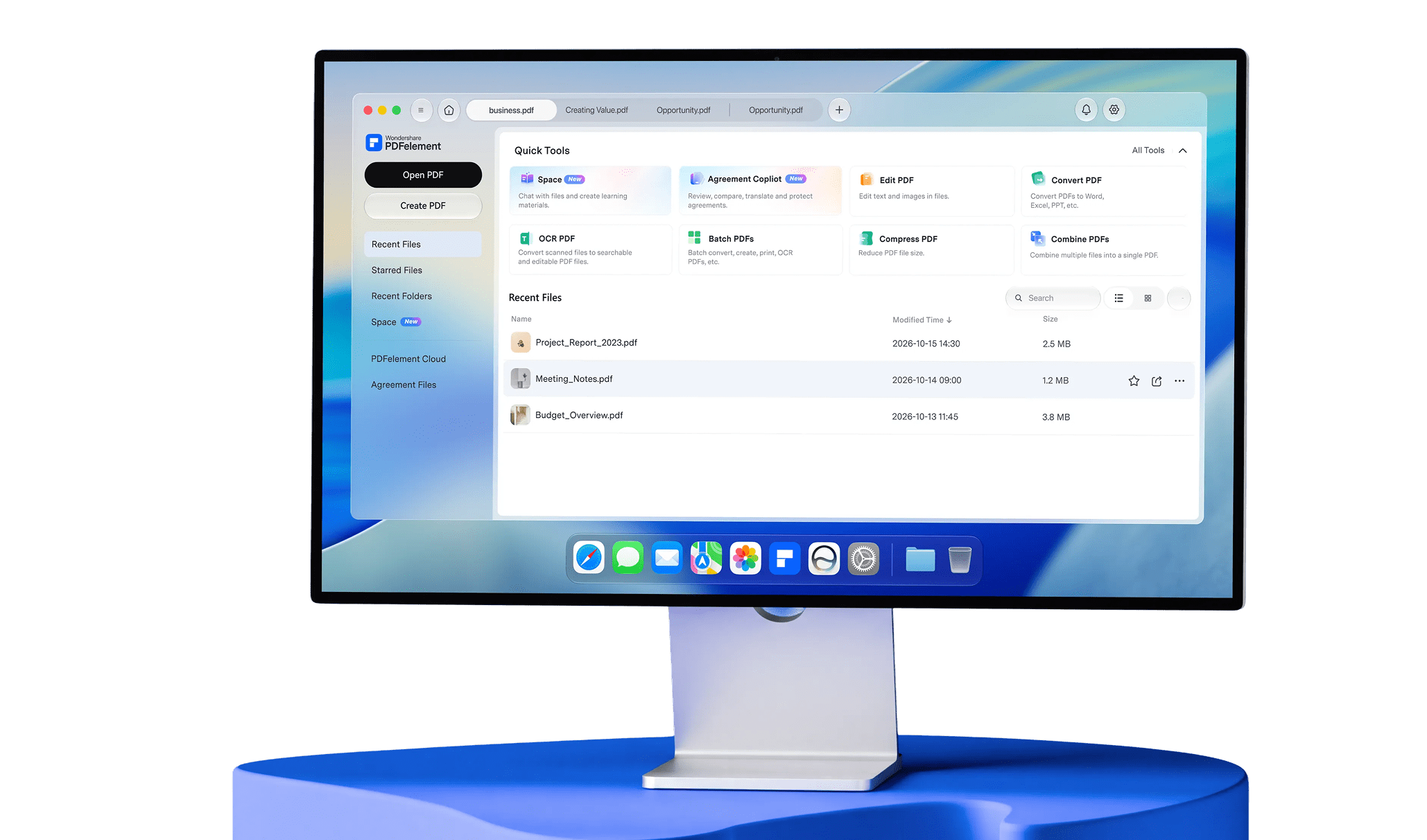 PDFelement home interface with Liquid Glass design on macOS 27