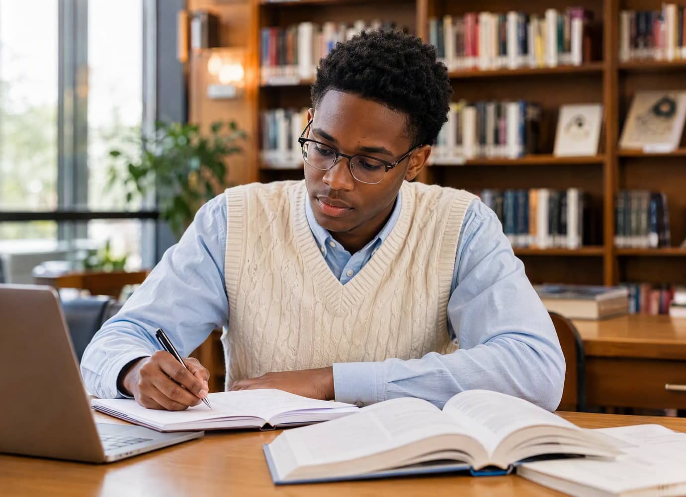 Student studying course materials with a laptop and books