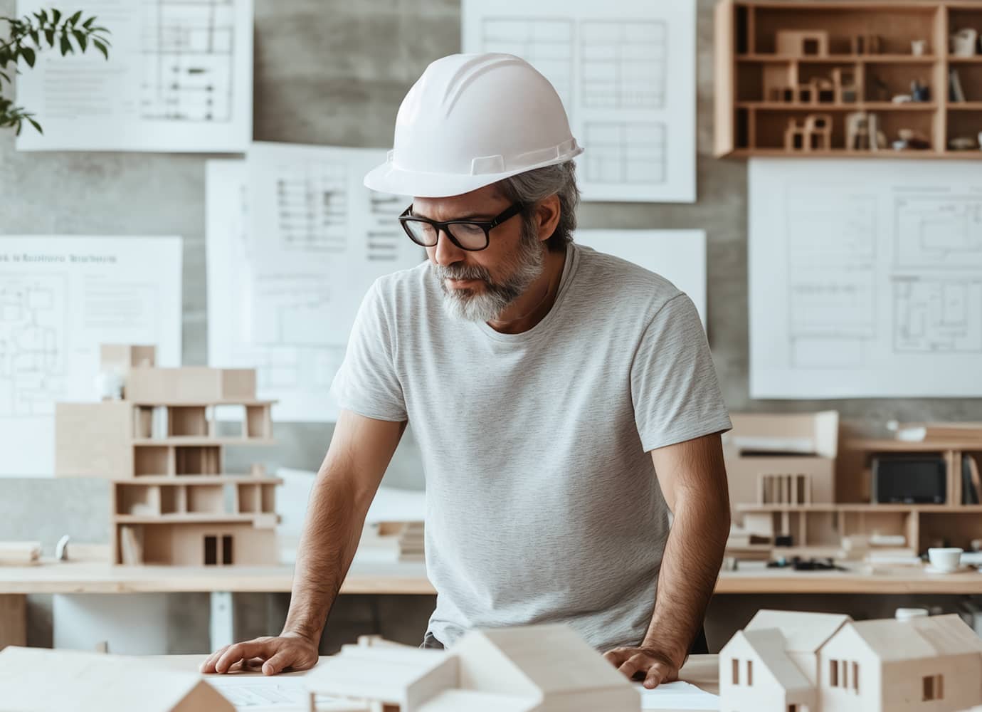 Architect reviewing project documents and building models