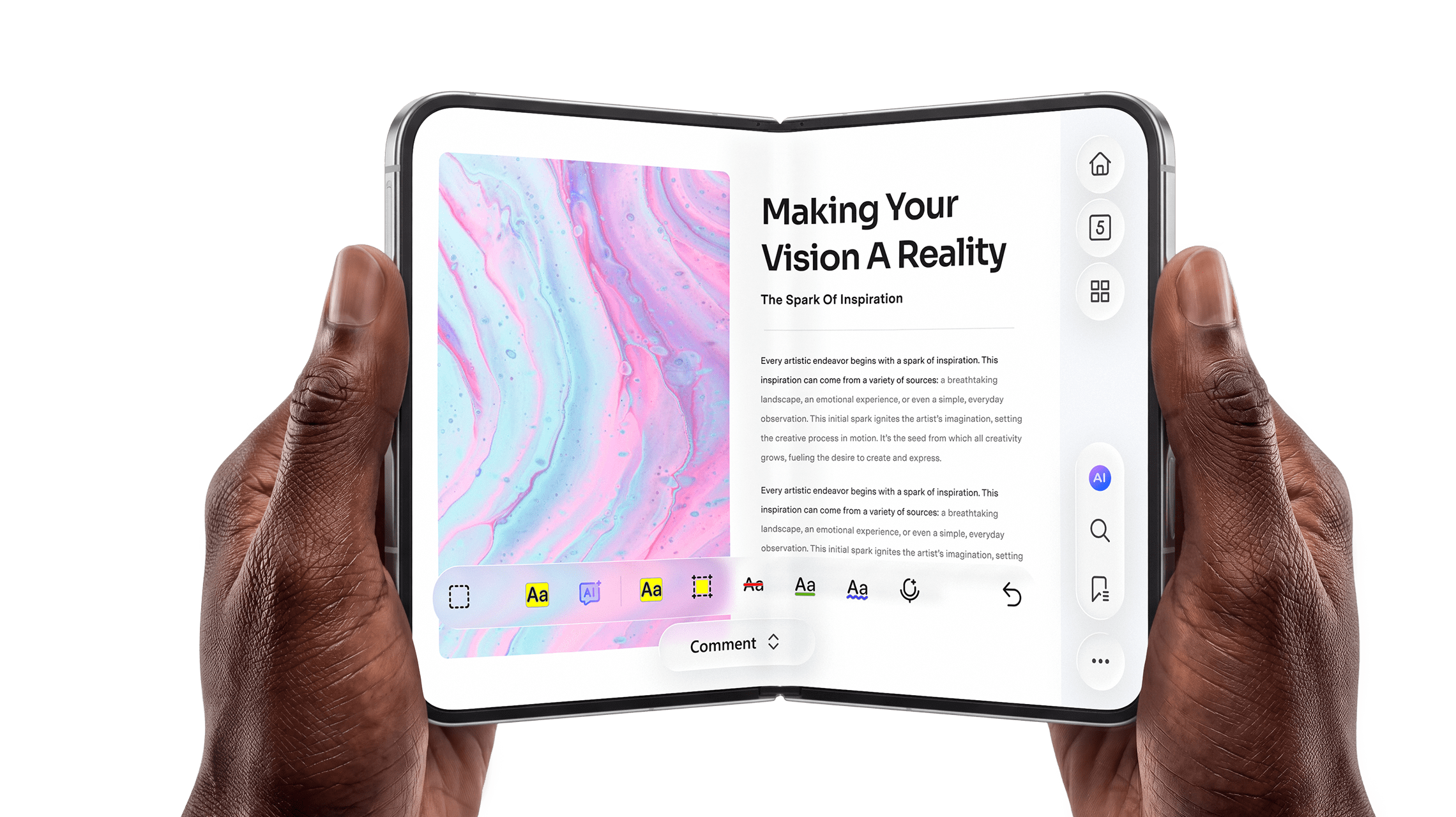 Hands holding a foldable phone showing PDFelement on iPhone Duo