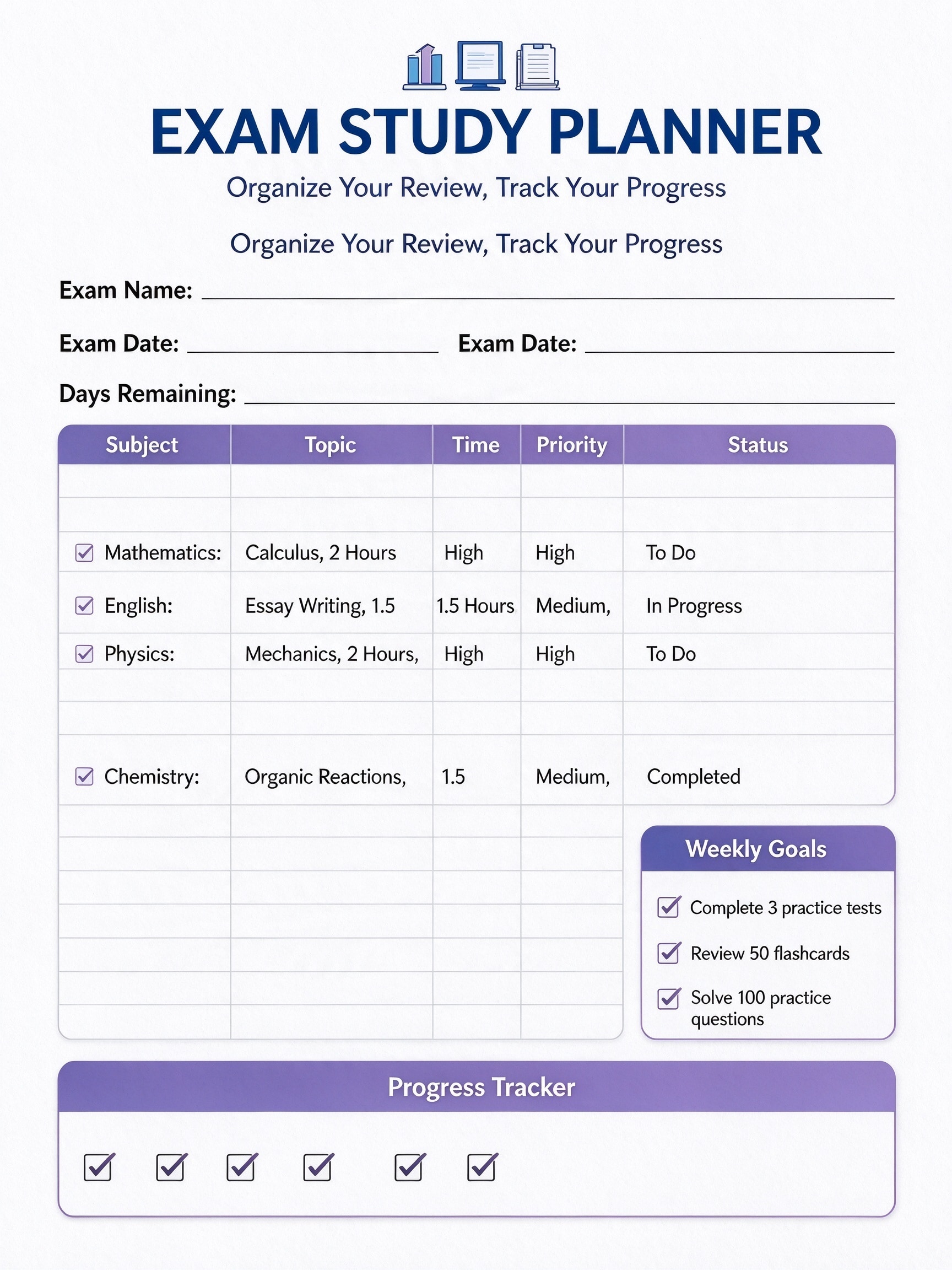 Customize a printable Exam Study Planner Template PDF
