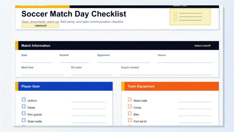 Personalizar una plantilla PDF imprimible de checklist para el día del partido de fútbol