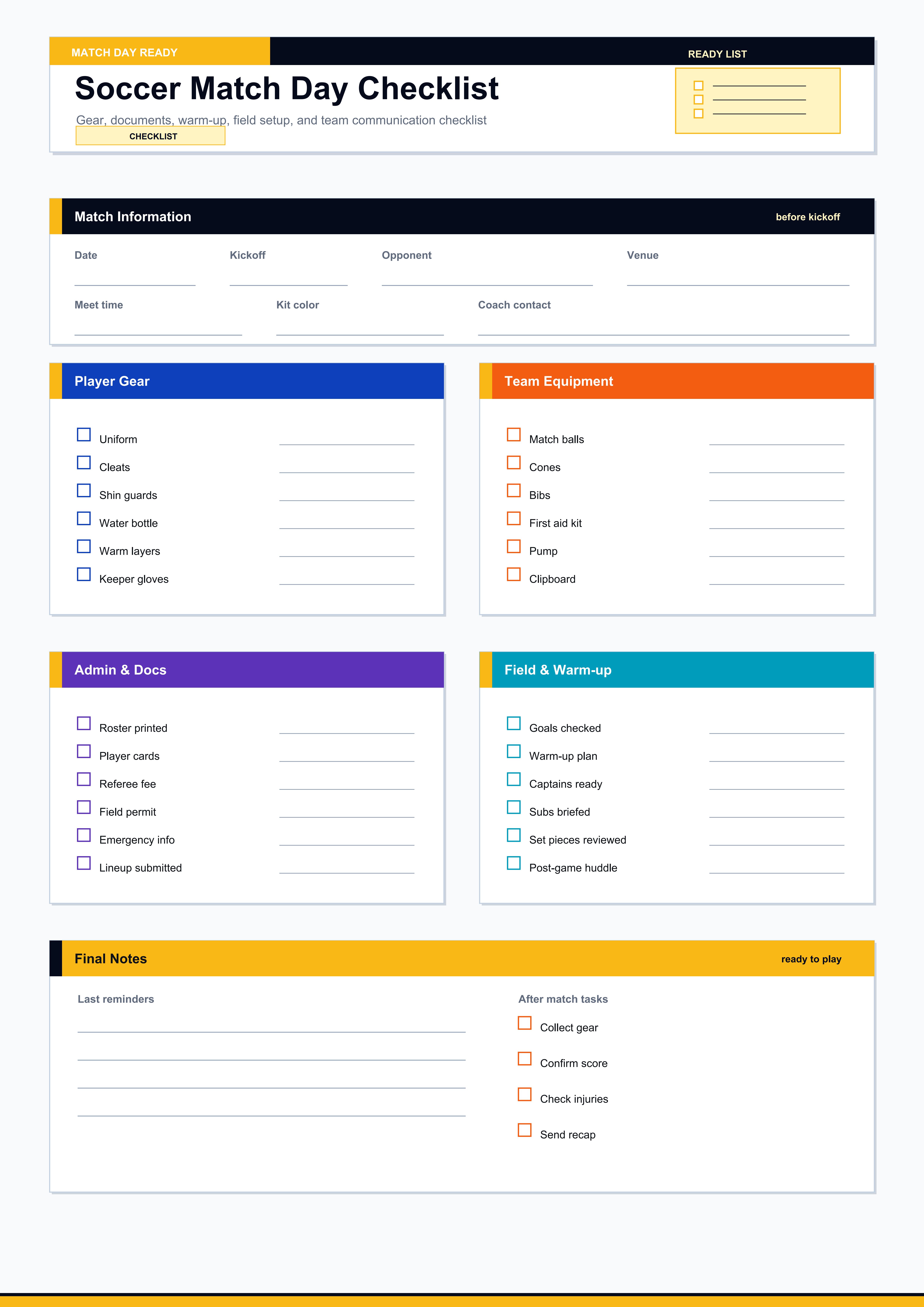 Template Checklist Giorno della Partita di Calcio 2026