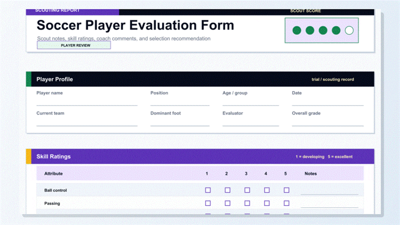 Personalizar un formulario PDF imprimible de evaluación de jugadores de fútbol