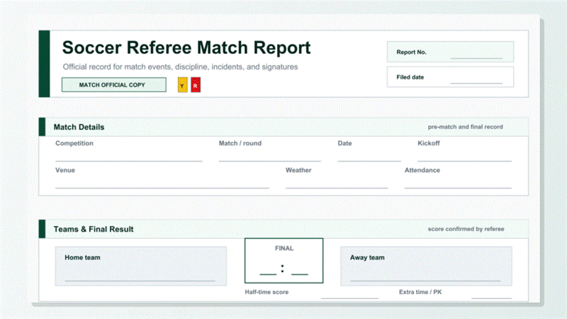 Personalizar una plantilla imprimible de informe arbitral de fútbol en PDF