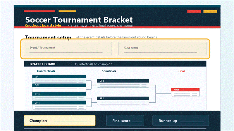 Personalizar una plantilla PDF imprimible de cuadro de torneo de fútbol