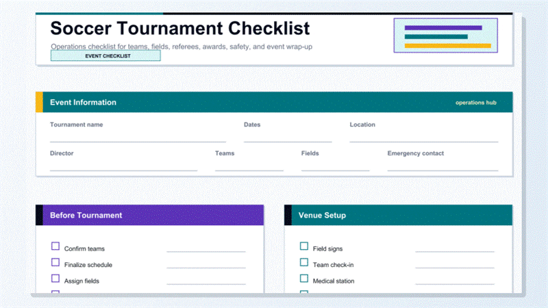Personalizar una plantilla PDF imprimible de checklist para torneo de fútbol