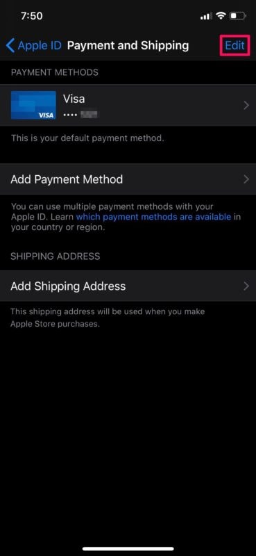 remove, update or change your apple payment on ios 14