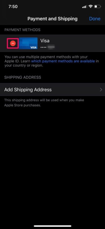 delete payment method from apple id on ios 14