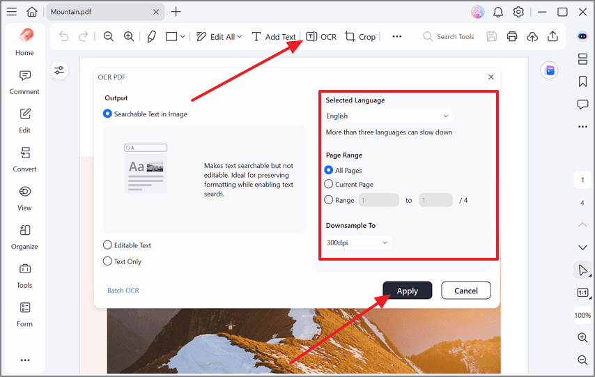 pdfelement ocr settings panel