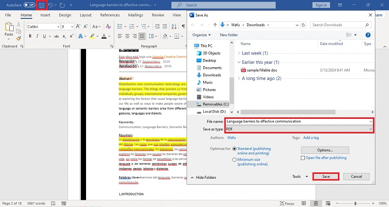 saving document as pdf on microsoft word