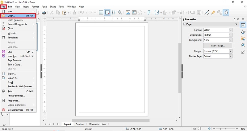 open document on libre office