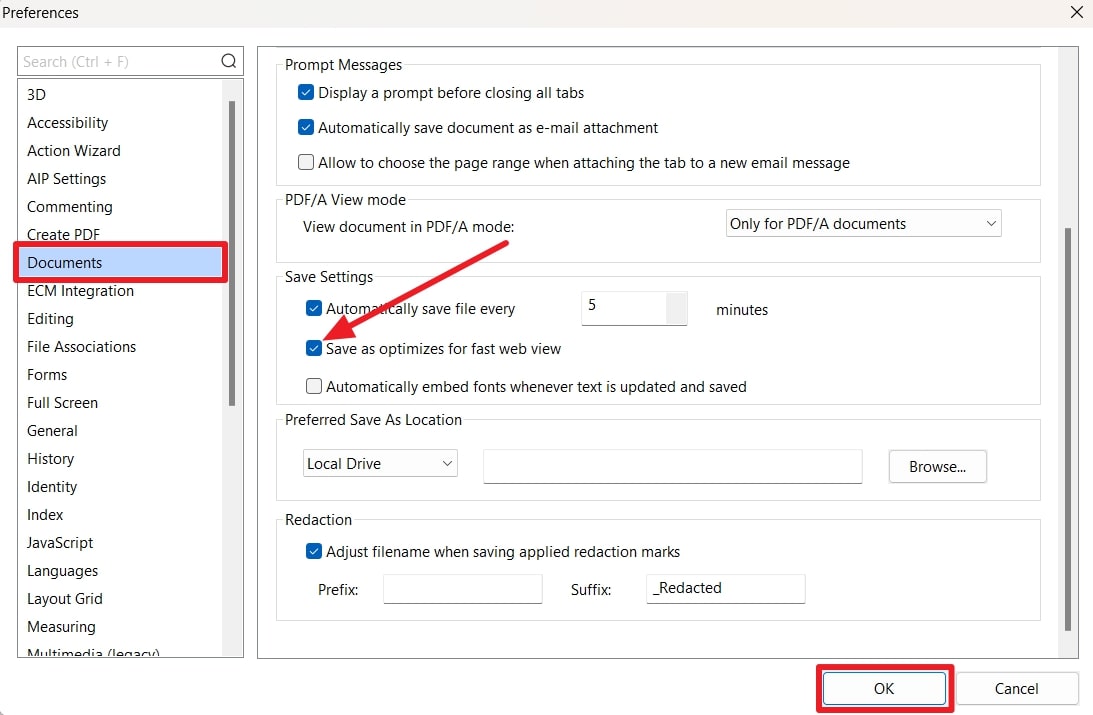enable setting for document optimization