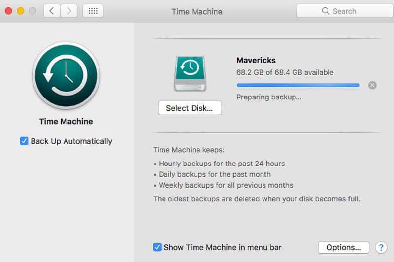 Time Machine, заседнала при подготовката на резервно копие в MacOS 10.14