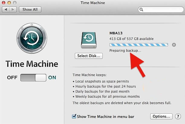 Time Machine bleibt bei der Vorbereitung der Sicherung in macos 10.14 hängen