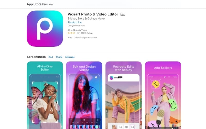 picsart aplicación para iphone 13