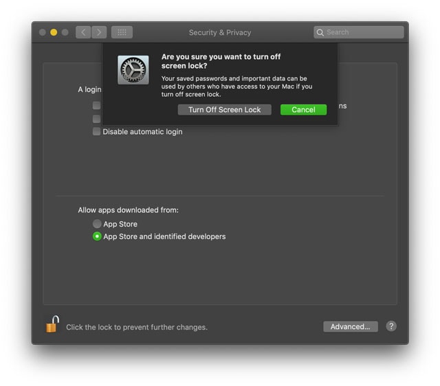 turn off password protection on macos 10.15