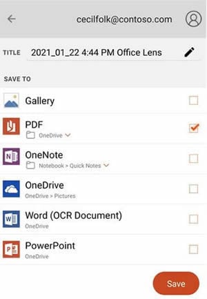 Sie können die bearbeiteten Bilder in der Gerätegalerie als PDF-Datei speichern oder sie in Microsoft-Konten wie PowerPoint, Word, OneDrive, etc. exportieren. Treffen Sie eine Auswahl und klicken Sie auf Speichern.