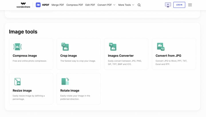 hipdf image tools interface