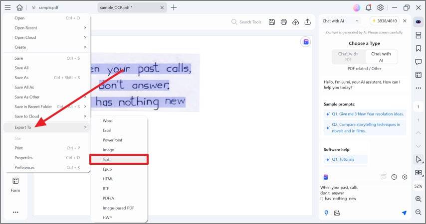 export handwriting text