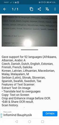  Tippen Sie auf das Bild, um den extrahierten Text zu sehen. Ergebnisse von OCR-Text-Scanner wird angezeigt.
