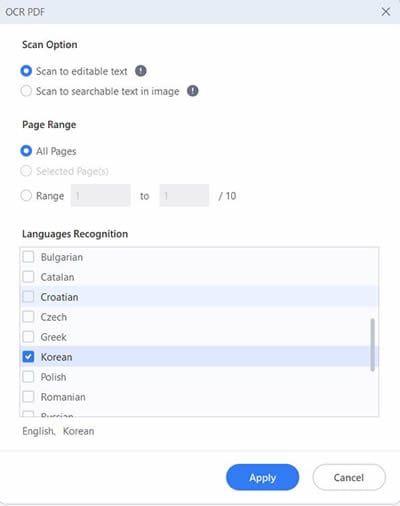 selecting the language on pdfelement ocr