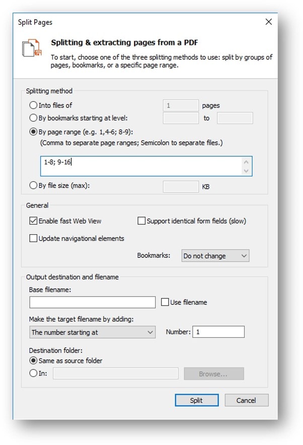nitro split pdf settings