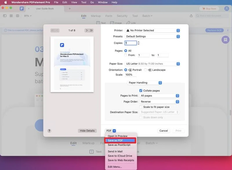 opção salvar como pdf do pdfelement para mac