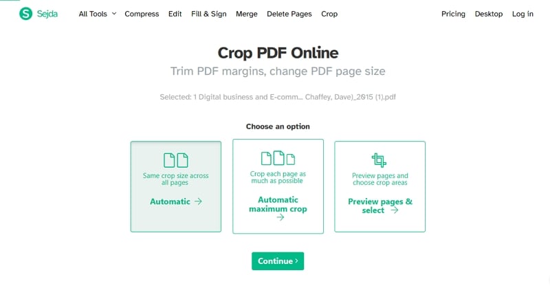sejda choose crop option page