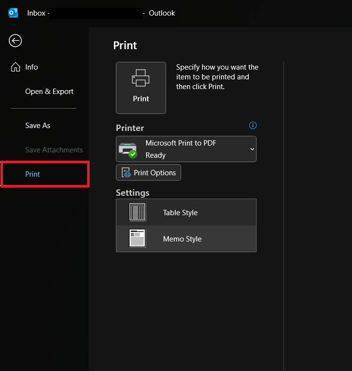 activating print feature in outlook