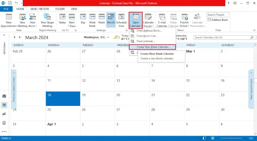 création d'un nouveau calendrier dans outlook