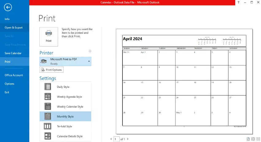 printing the blank calendar in outlook