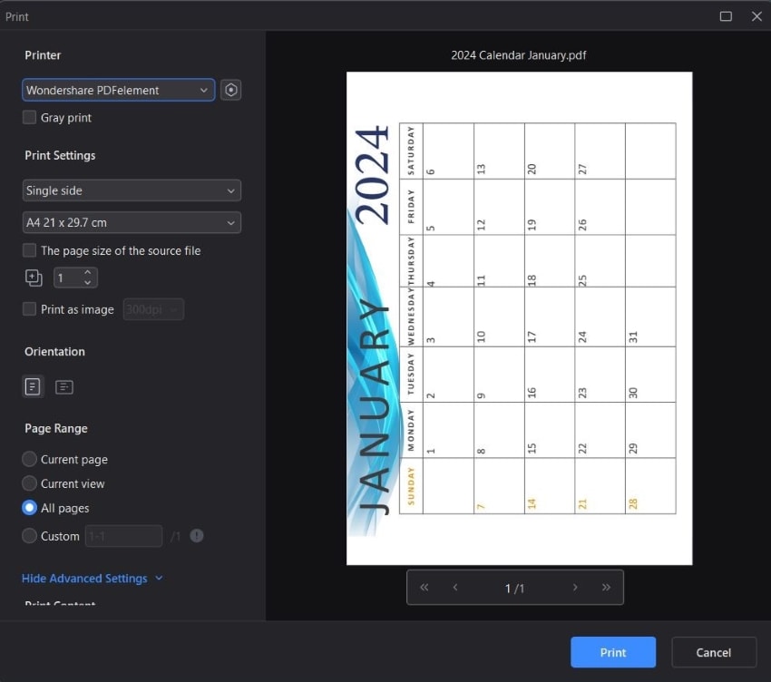 printing calendar using wondershare pdfelement