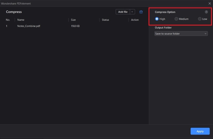 selecting compression level in wondershare pdfelement